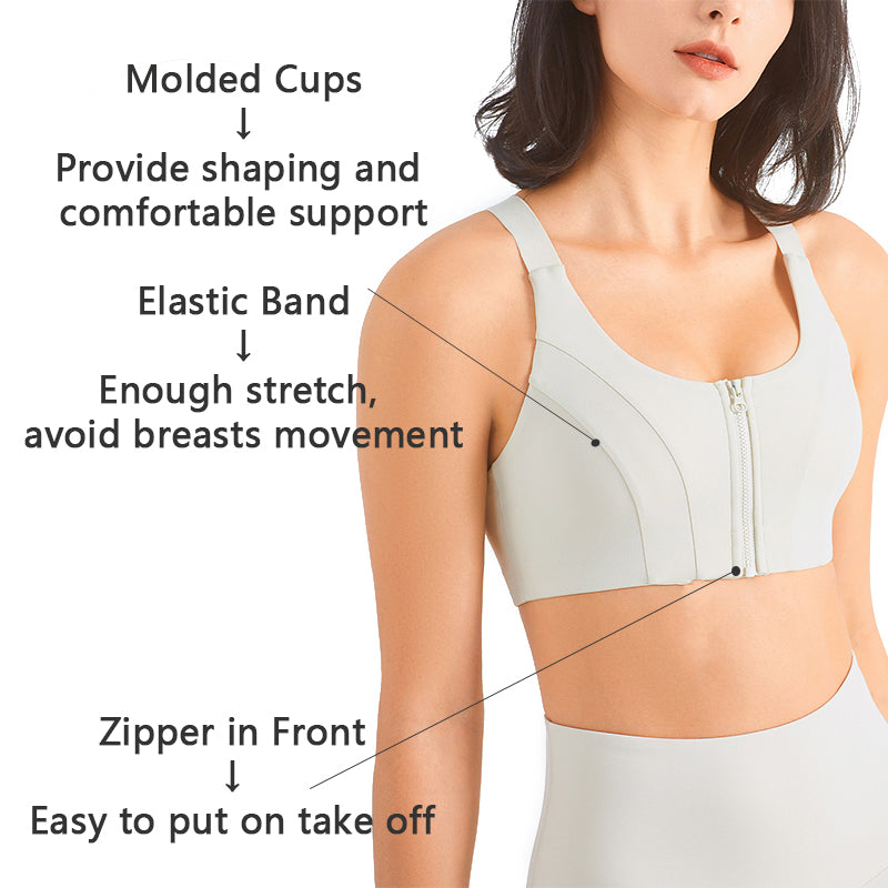Zip Front Sports Bra Shock Absorption Gather Plus Size Workout Fitness