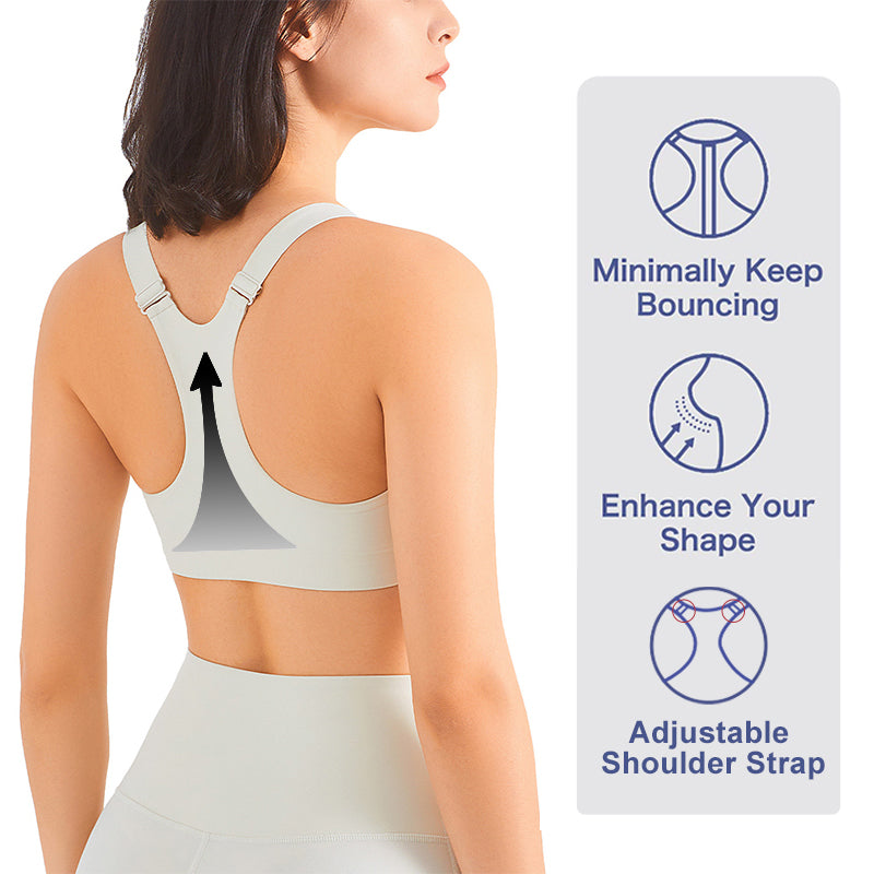 Zip Front Sports Bra Shock Absorption Gather Plus Size Workout Fitness