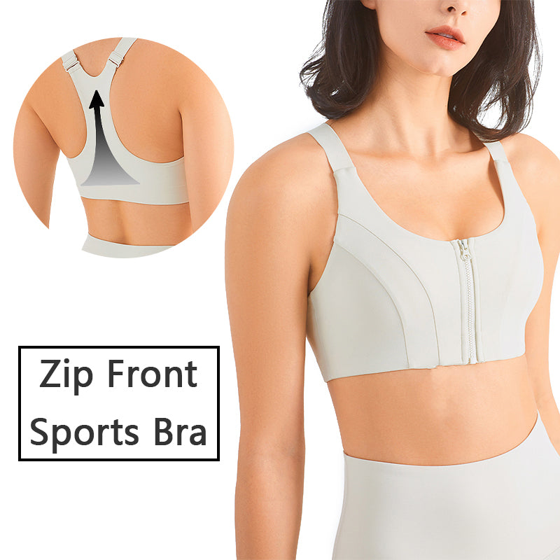 Zip Front Sports Bra Shock Absorption Gather Plus Size Workout Fitness